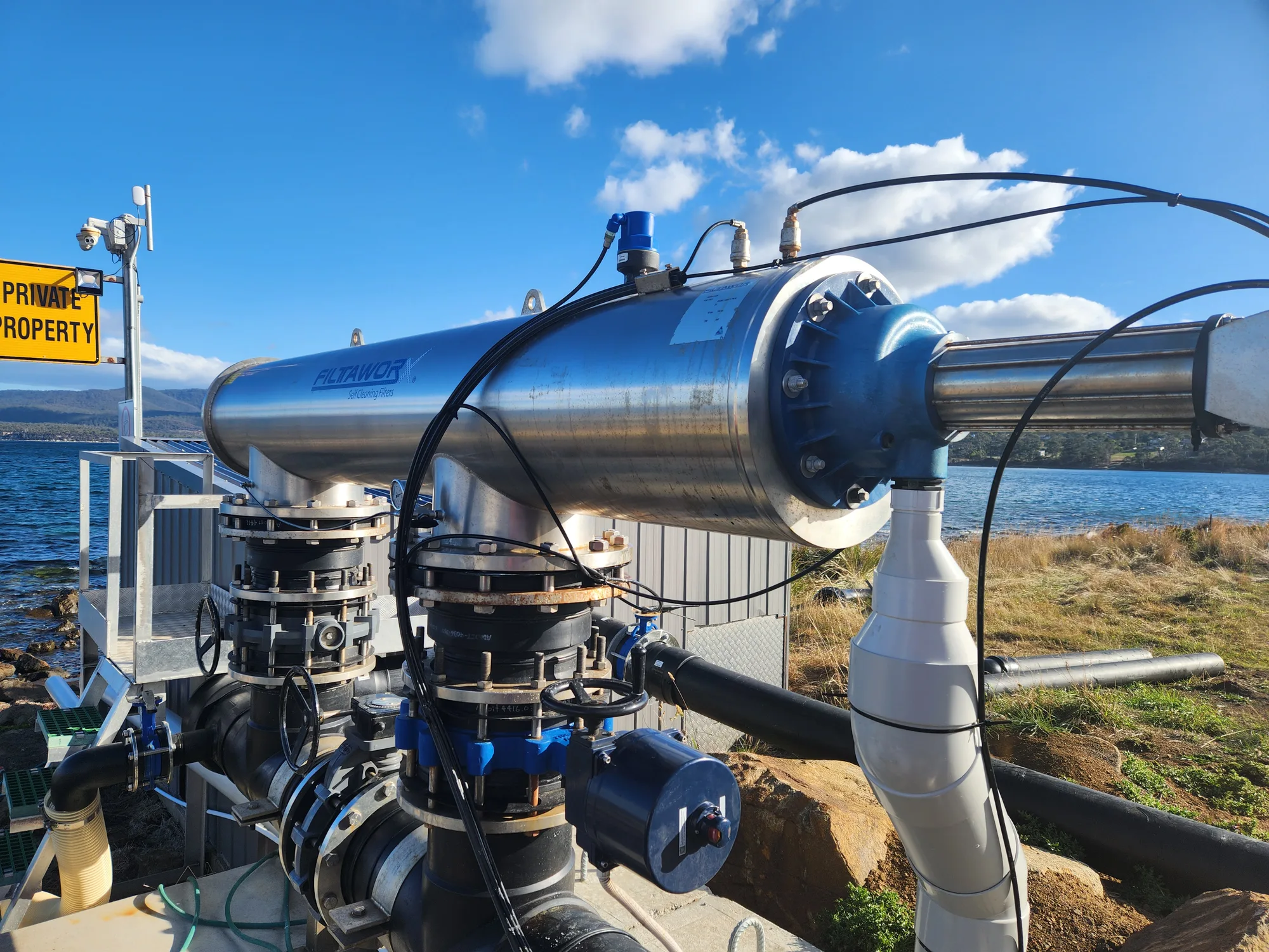 Filtaworx automatic self-cleaning filter on a coastal seawater intake, filtering raw seawater ahead of a desalination plant